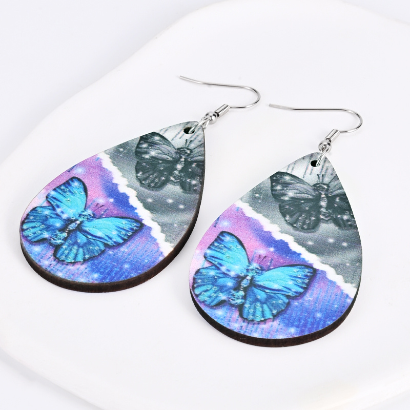 Women's Elegant Blue Butterfly Pattern Wooden Earrings